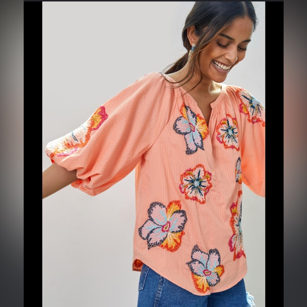 Maeve Anthropologie Flower Embroidered Blouse